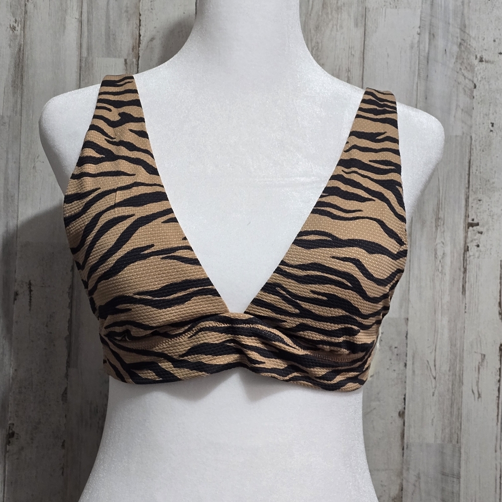 Aerie Pique Brown Animal Print Tie Back Longline Triangle Bikini Top Size Medium